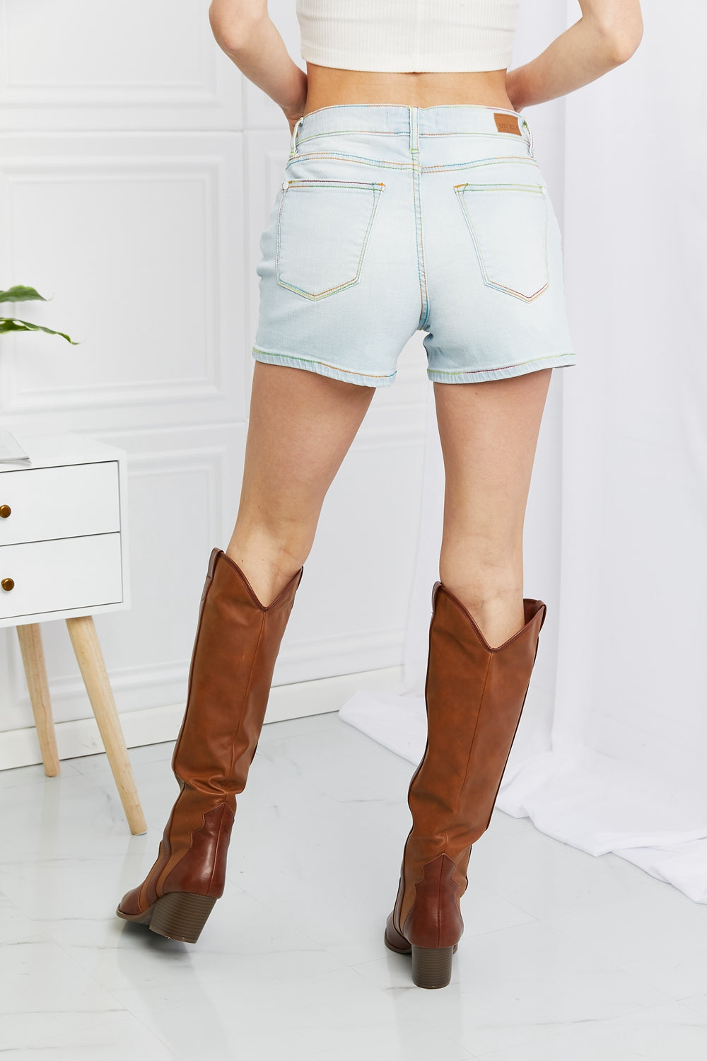 Judy Blue Full Size Contrast Stitching Denim Shorts with Pockets | Shorts - CHANELIA