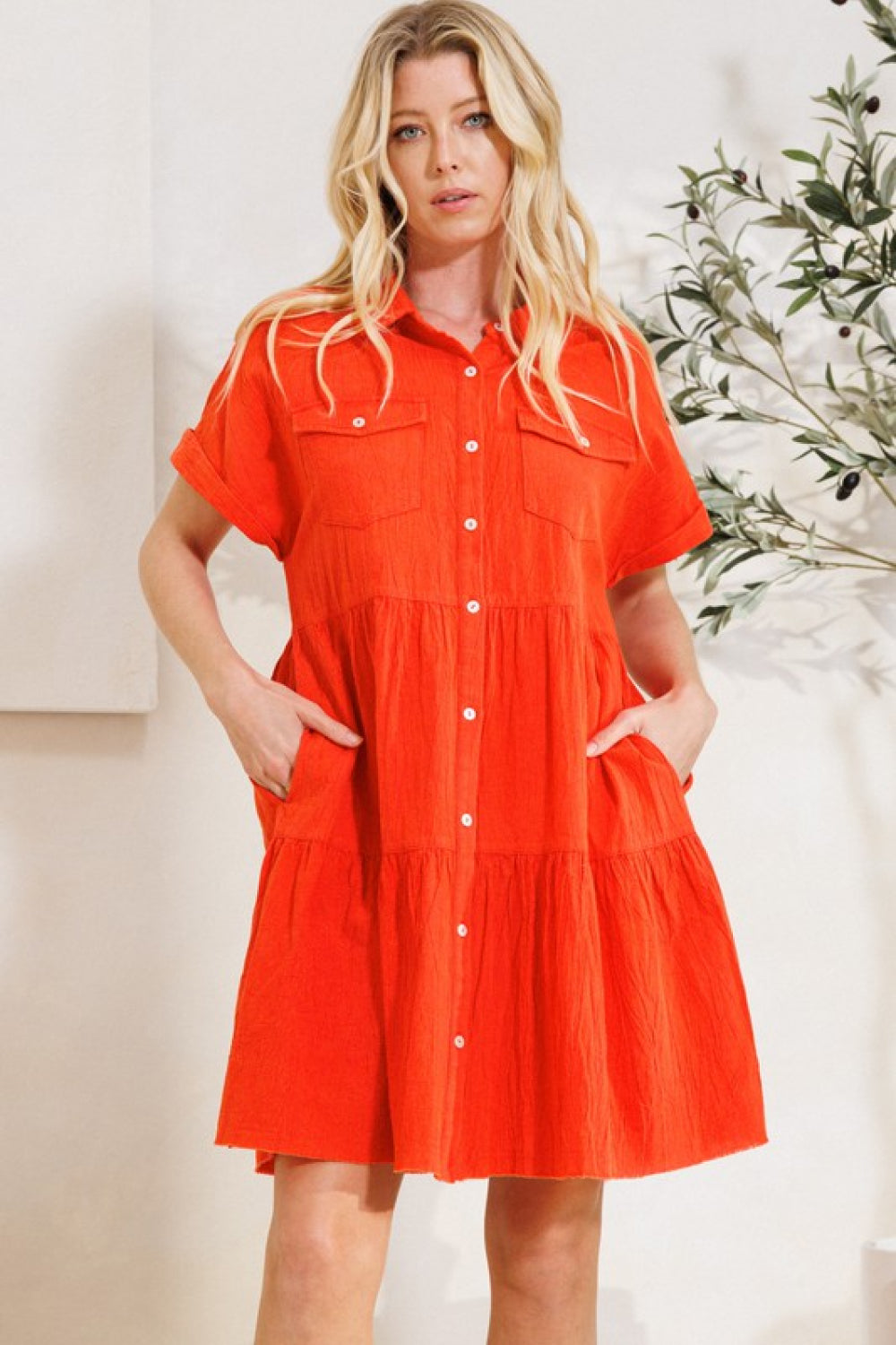 ODDI Full Size Button Front Tiered Shirt Dress | - CHANELIA