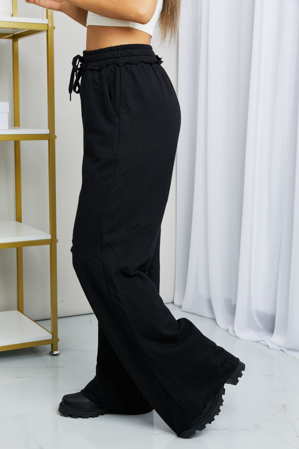 Zenana Full Size Drawstring Waist Distressed Wide Leg Pants in Black | Pants - CHANELIA