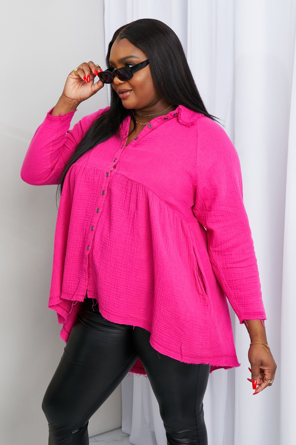 Zenana Bright and Airy Raw Edge Peplum Shirt with Pockets in Hot Pink | - CHANELIA