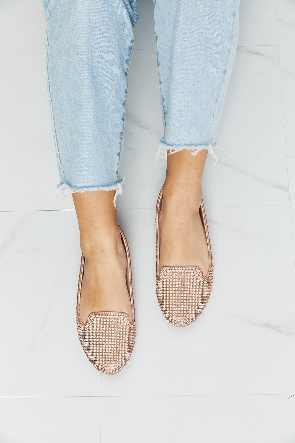 Forever Link Rhinestone Round Toe Flats in Rose Gold | - CHANELIA