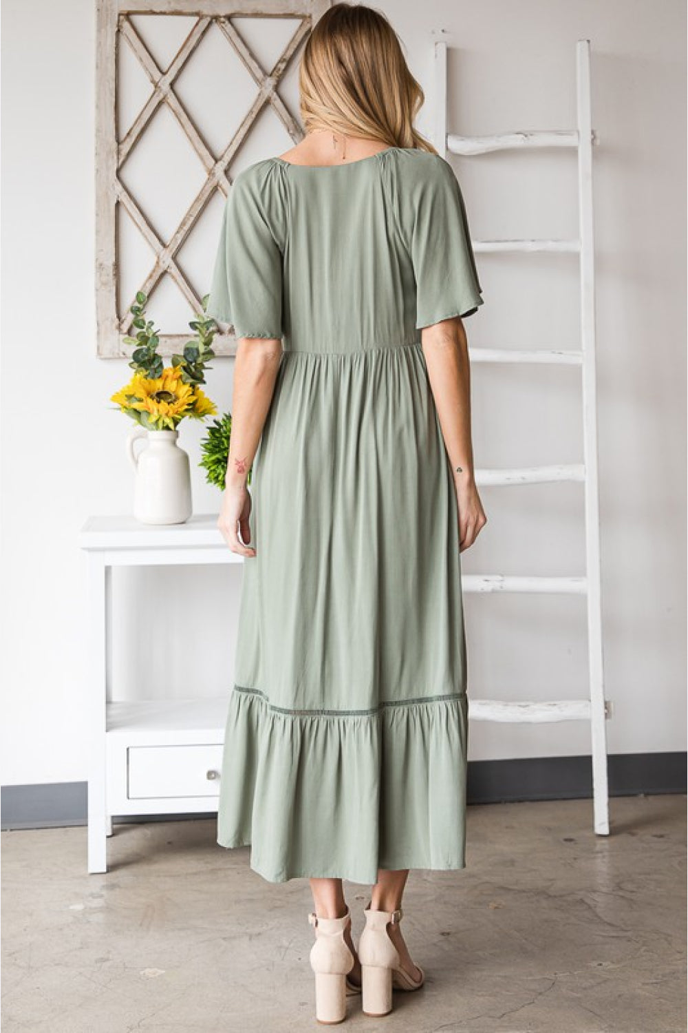 HEYSON Full Size Smocked Pocket Midi Dress in Sage | - CHANELIA